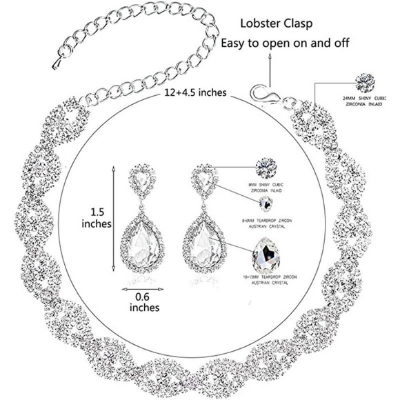 White Crystal Necklace Set CZ Cubic Rhinestone Necklace Bracelet Earrings Set - Picture 6 of 7